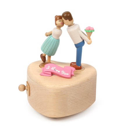heart shape wooden music box with couple kissing