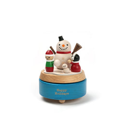 wooden music box with kids building a snowman