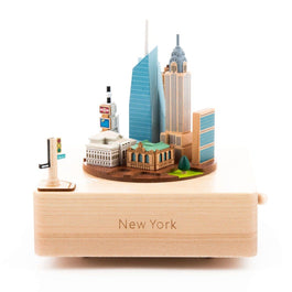 front view of wooden music box of Midtown Manhattan new york